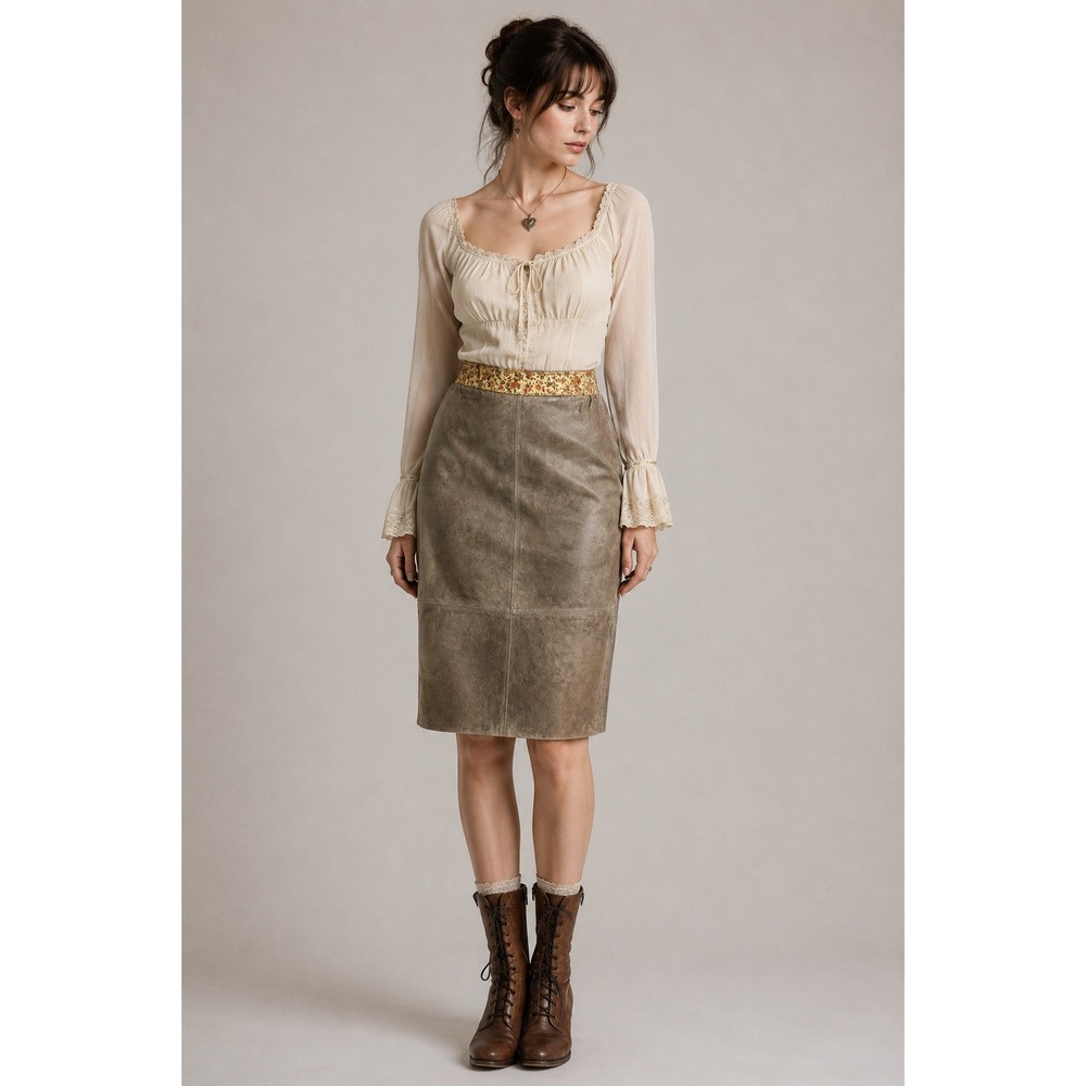 Brown Leather Pencil Skirt Floral Waist Medium Cottagecore Mid Century